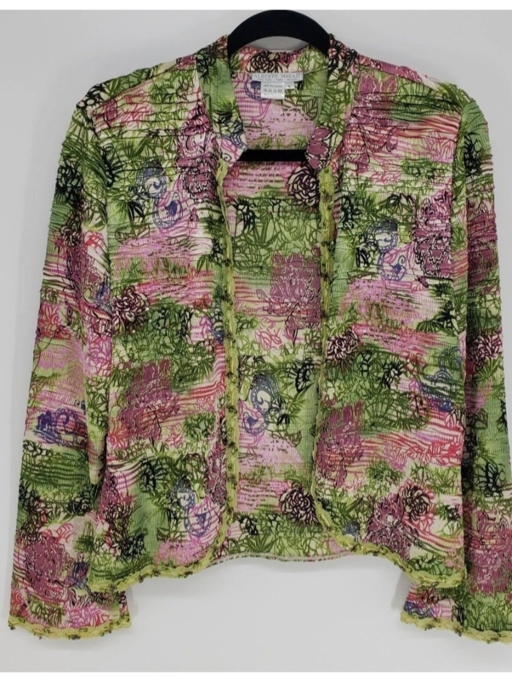 Alberto Makali Green Pink Floral Open Front Cardigan Top